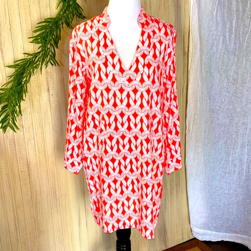 escapada Red and White Patterned V-Neck Tunic Dress